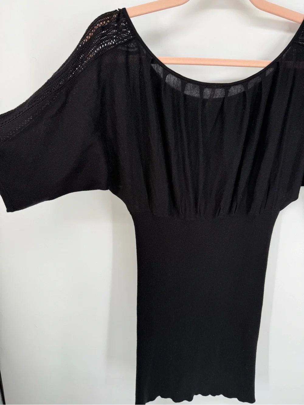 Free People Women Black Top‎ Small Crochet Sleeves Fitted Boho Goth Minimalist
